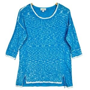 Lemon Way Sweater Women's S Blue Cotton Linen Tunic Top 3/4 Sleeve Pullover NWT